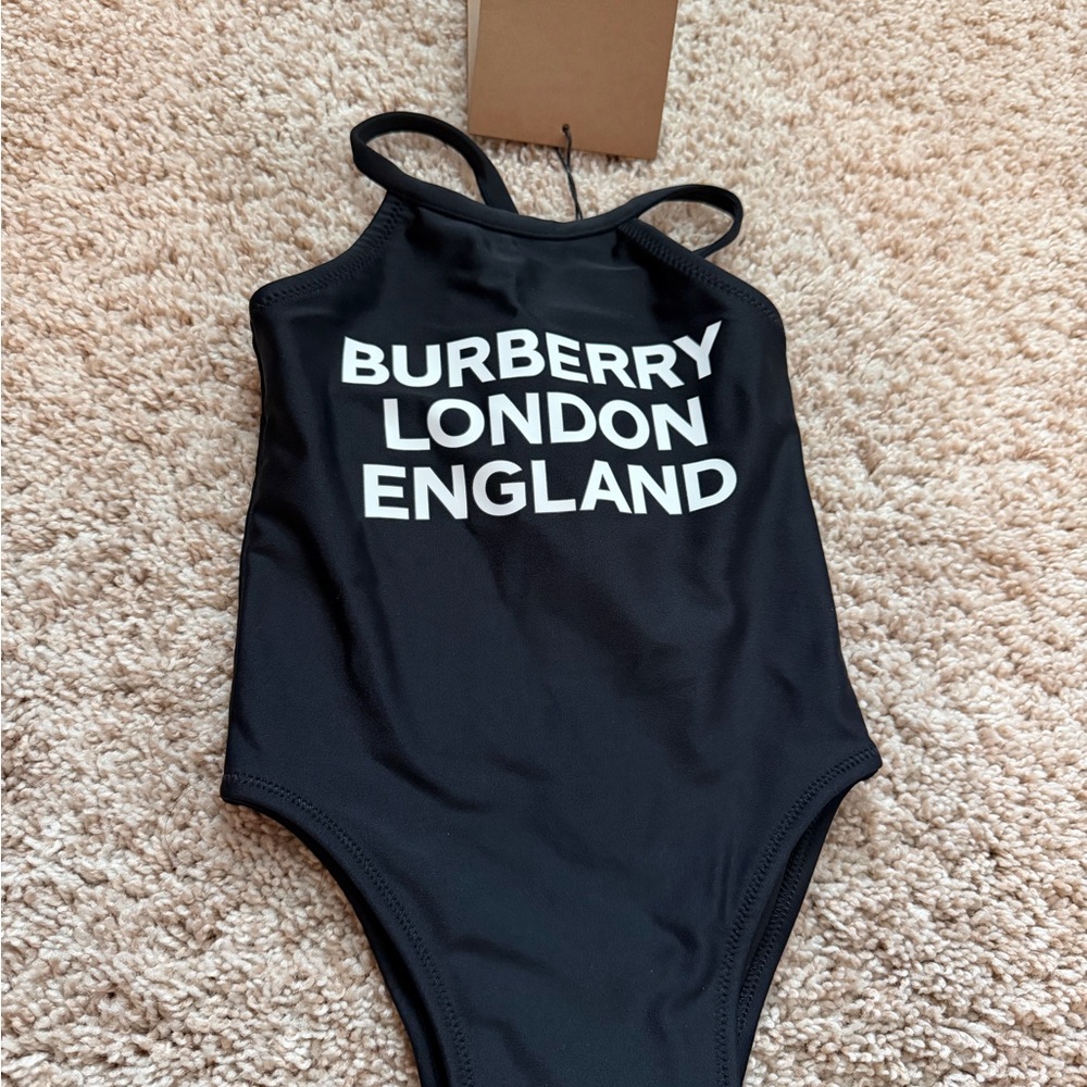 Authentic New Burberry Black One-Piece Kids Swimwear with White Logo Text